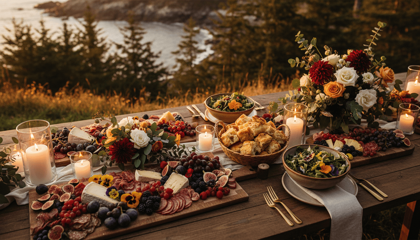 An abundant Masters Touch grazing table at golden hour overlooking the Pacific Northwest coast — charcuterie, seasonal fruit, salads with edible flowers, candles, and dahlias